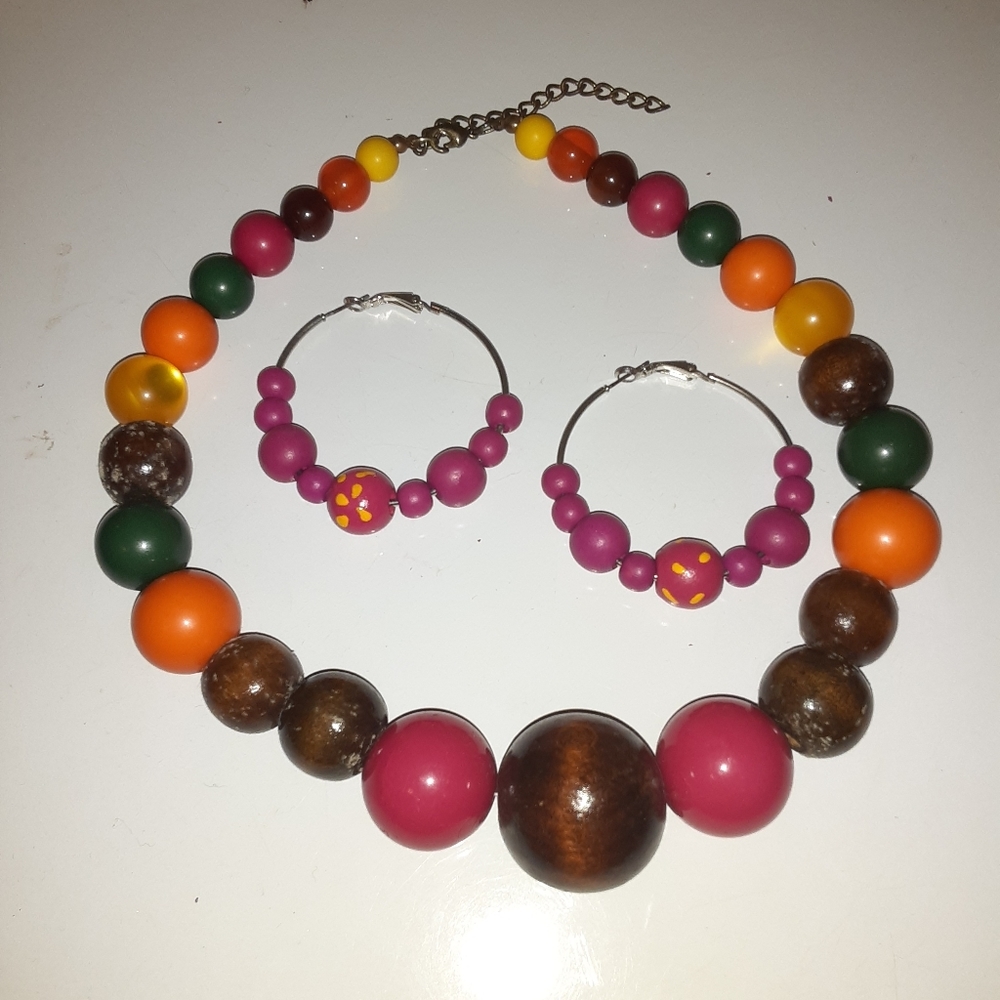 Wooden Bead Necklace and Earring Set